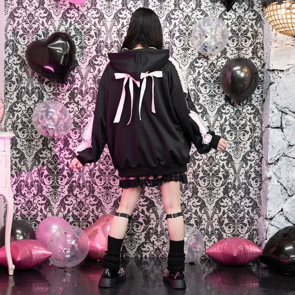 NEW ACDC RAG - Love Punk Lace & Ribbon Black Pink Oversized Zip Up Hoodie - Picture 4 of 6